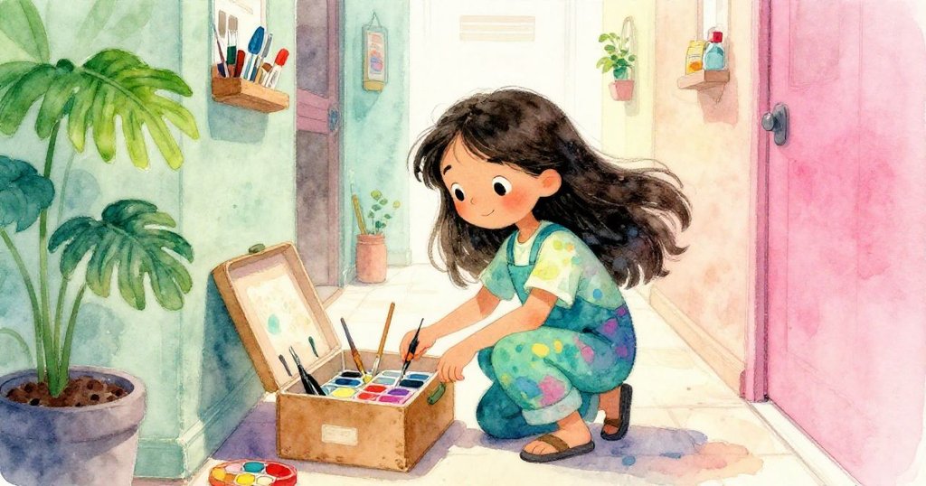 Mira蹲在狹長走廊中打開產品箱，好奇檢查顏料與工具，室內溫暖光線輕柔灑落，背景呈現藝術工作室風格。