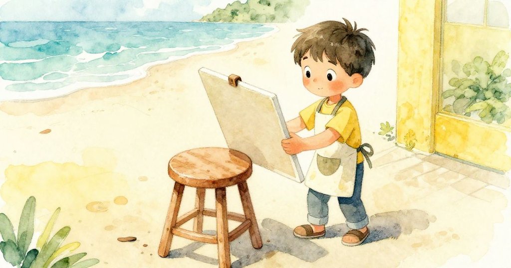 從高處俯視，Leo側身避開凳子，臉上顯露猶豫與輕憂，畫布邊緣意外呈現海邊圖案，室內光線明亮。