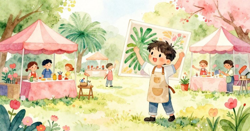 Leo將畫布搬到充滿春天花卉的戶外，午後陽光明媚，微風拂面，眾人忙碌布置，呈現節日快樂氣氛。