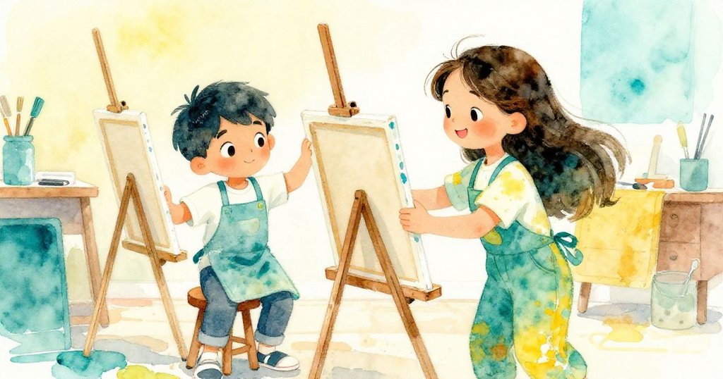 Leo與Mira在工作室內互點微笑，Mira扶起凳子，油彩滴落正散，兩人協力保護畫布，充滿默契與溫暖。