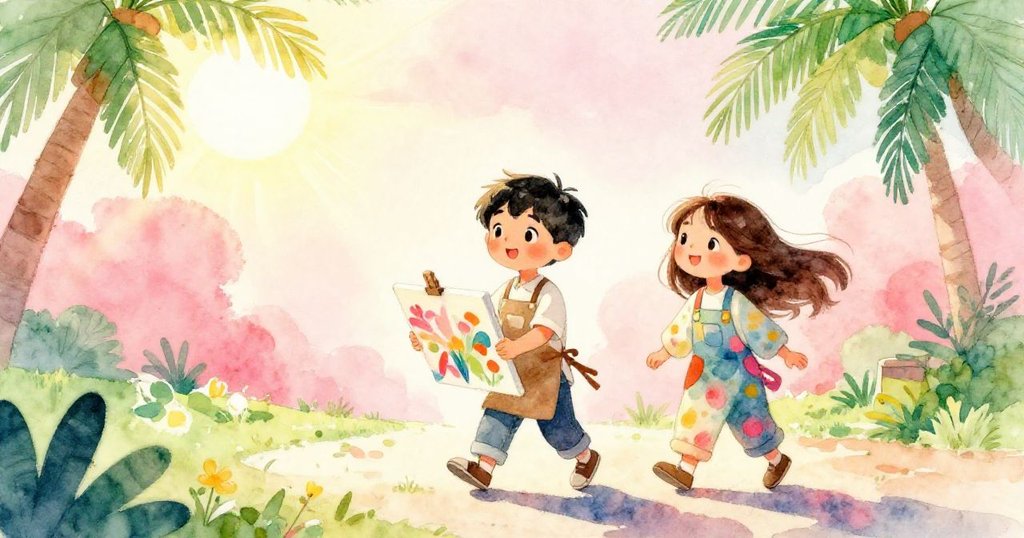 Leo與Mira手挽手走出工作室，持畫布迎向陽光洒滿的春季戶外場景，畫面溫馨且充滿新希望。