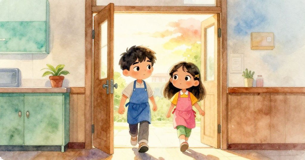 Leo與Maya興高采烈地從敞開的門步入廚房，透過晚霞映照進來的光線充滿溫暖氛圍，他們準備展開烘焙冒險。