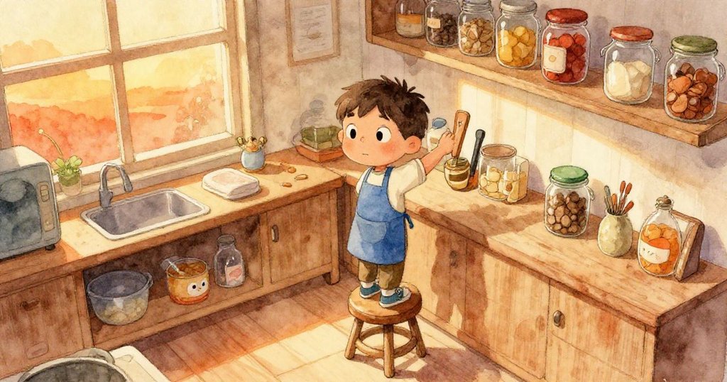 高角度下Leo站在搖晃凳子上，小心伸手取下高架上的罐子，表情緊張卻堅定，展現努力與小心。