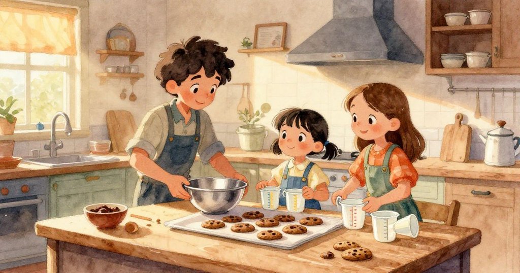 廚房窗外秋意濃厚，金色光影穿透玻璃室內，罐子旁燕子巢輕搖，呈現出溫暖和諧的季節景致。