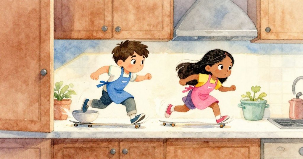 Leo與Maya急速滑動碗盤協調動作，爭分奪秒打開櫥櫃門，場景充滿緊張俏皮的追逐氣氛。