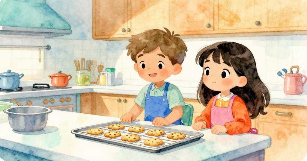 烤好的圓餅在架上靜候冷卻，Leo與Maya依偎在櫃台旁，滿足與平靜流露於臉龐，享受溫馨休憩時光。