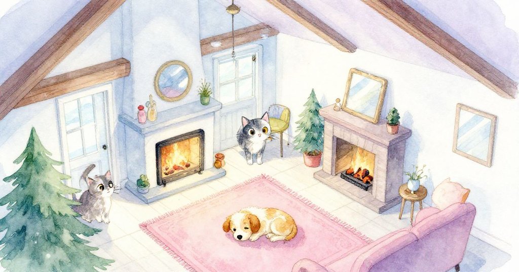 貓咪從開放門進入，房間中高梁、壁爐溫暖，小狗安睡於厚地毯上，呈現寧靜溫馨畫面。