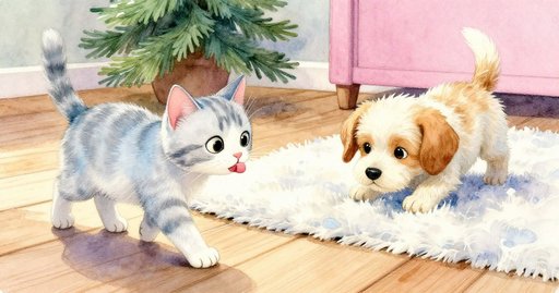 Cat and Puppy by the Hearth