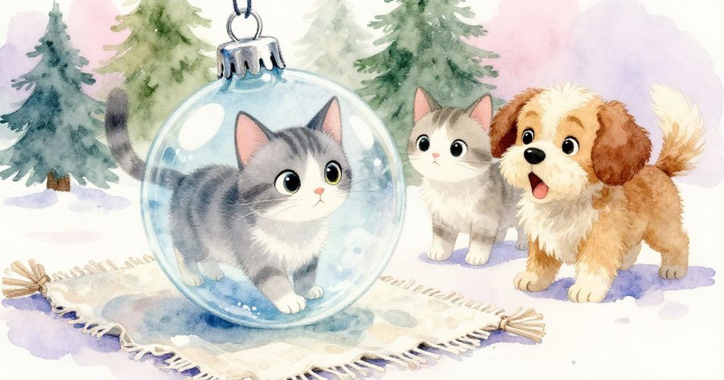 玻璃裝飾品輕落在略皺掛毯上，貓咪與小狗眼神驚喜，細節突出溫柔光影。