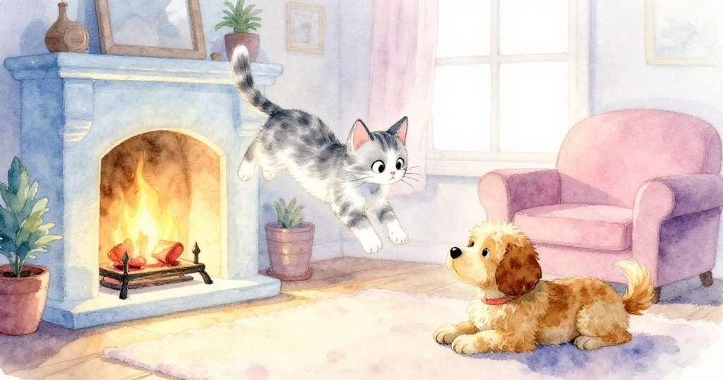 貓咪躍向壁爐旁新開空間，小狗轉圈後趨向安臥，表情愉悅，溫馨情景呈現。