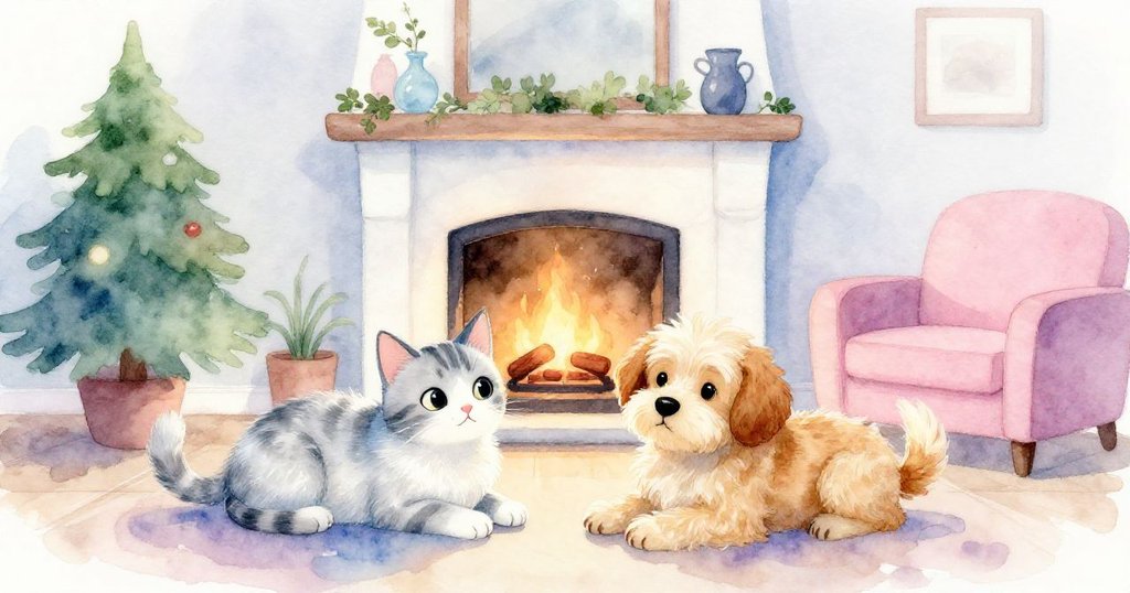 貓咪與小狗並肩臥於火爐旁，面帶滿足神情，室內溫暖祥和，映出深厚友誼。