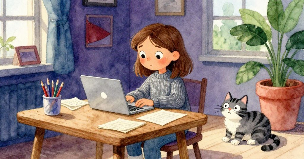 Ella在溫暖房間中設置筆記本電腦，旁邊有條好奇的條紋貓，房間中散落著筆記與鉛筆，充滿忙碌氛圍。
