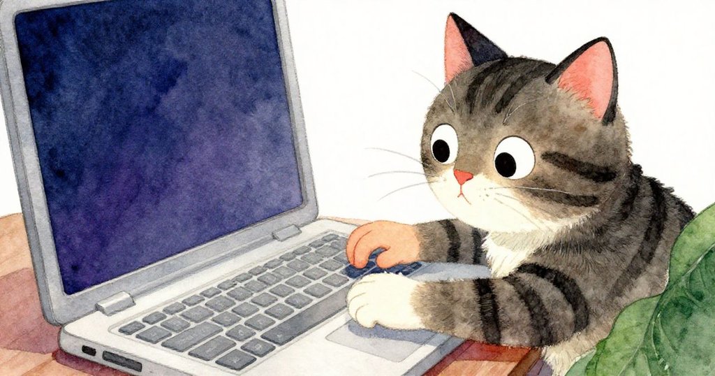 Ella專注地用手點擊上傳鍵，條紋貓好奇地伸爪靠近鍵盤，房間光線柔和，充滿細膩質感。