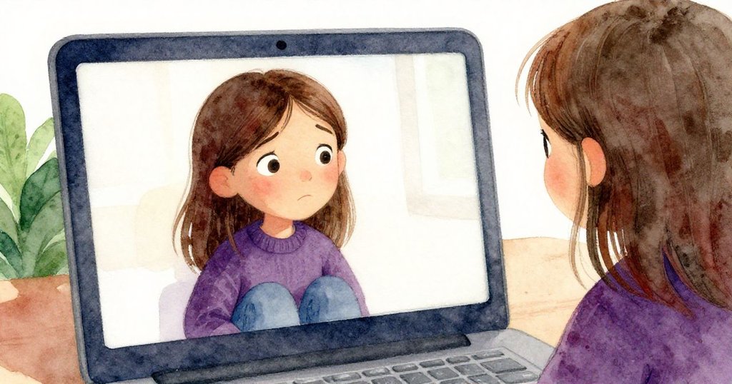 Ella驚訝地凝視筆記本螢幕，螢幕上映出她疑惑表情與微妙的黃昏景色，畫面細節豐富。