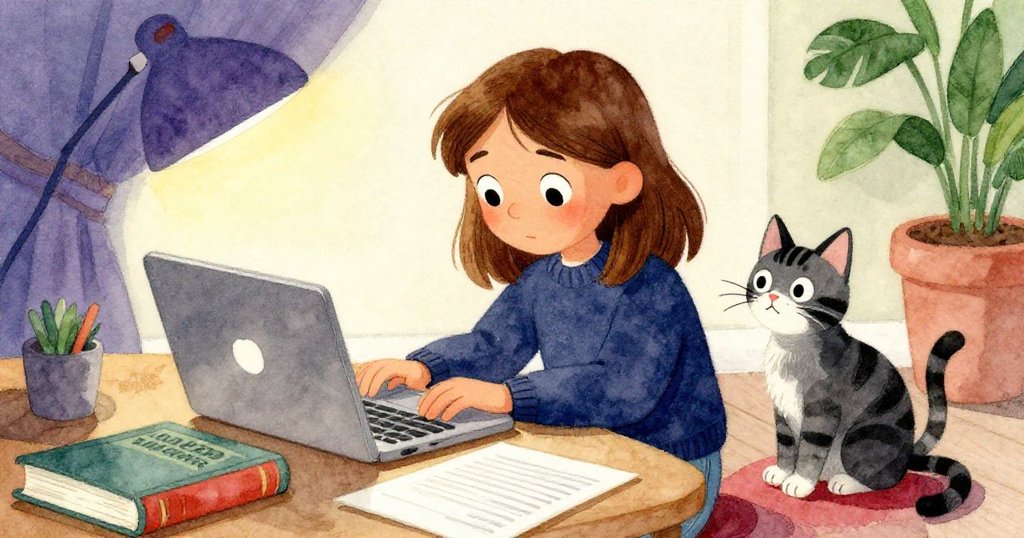 Ella在書桌前整理數位檔案，厚重的田野指南阻擋好奇貓咪，房間角度更新，呈現井然有序氛圍。