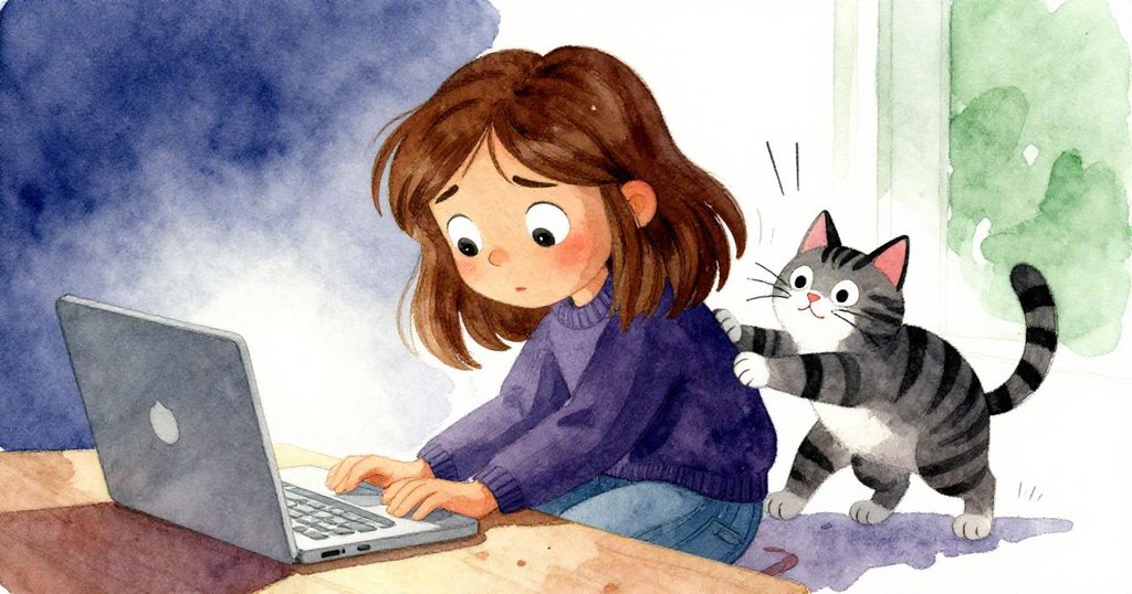 Ella面露愁容地注視上傳進度條，條紋貓玩耍攪亂鍵盤，房間內光線昏暗，展現堅持與挑戰情緒。