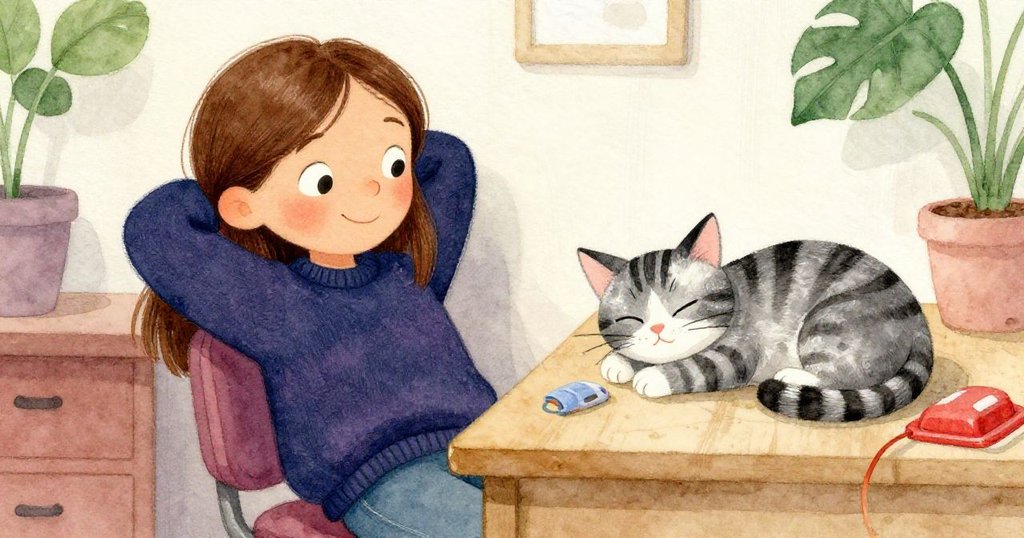 Ella露出放心微笑，坐在桌旁放鬆，條紋貓在溫暖塑料旁安心打盹，整個房間洋溢著平靜與溫馨。