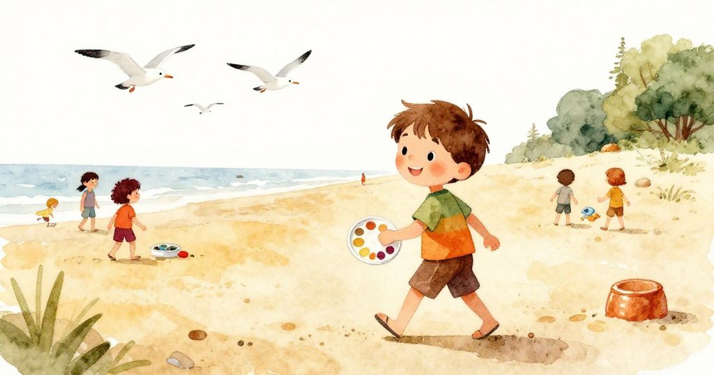湯姆在明亮海灘上散步，周圍有海鷗和嬉戲孩童，臉上展現好奇與喜悅，開始他的冒險。