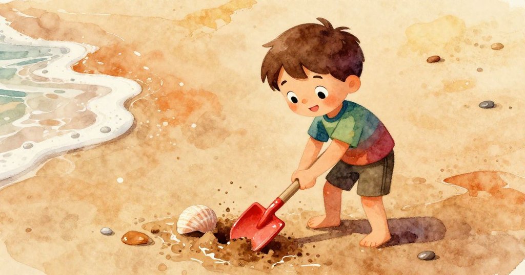 湯姆手持紅鏟在濕沙中挖掘，聚焦於發現神秘貝殼，眼中流露探索的興奮與期待。