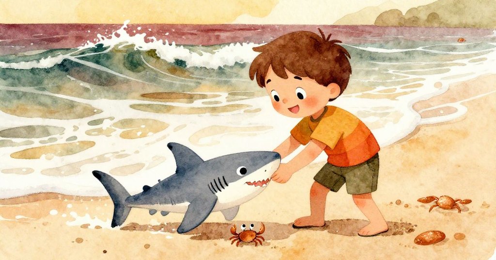 湯姆低角度仰視天空，溫柔舉起灰色玩具鯊魚，幫助藏在塑膠下的小螃蟹重獲自由，表情充滿關懷與驚喜。