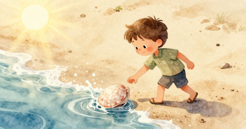 水波輕輕推動著平滑貝殼，白色泡沫映照陽光，展現出大海的動感與自然之美。