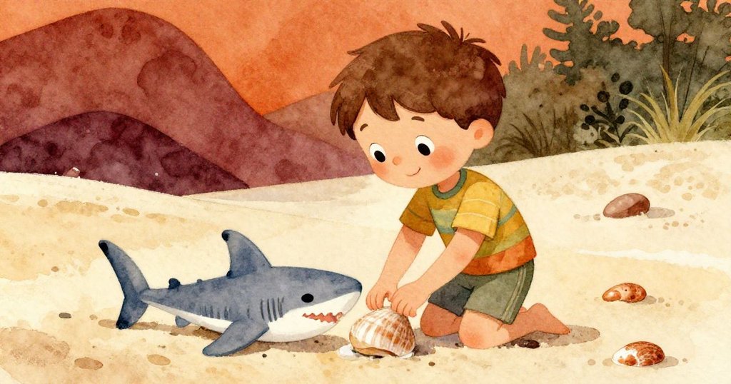 湯姆細心清潔灰色玩具鯊魚與撿起光滑貝殼，臉上流露出決心與溫柔，展現選擇的勇氣。