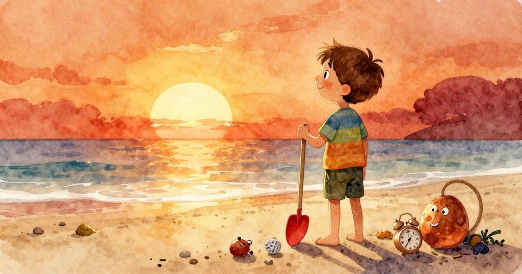 湯姆站在金色海灘上，手握紅鏟，凝望遠方地平線，與拯救的寶物共迎新希望與冒險。