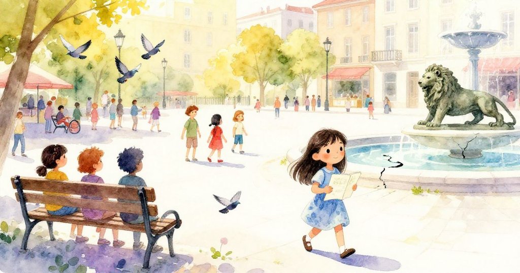 米拉在陽光灑落的玫瑰木廣場中,與行人和鳥兒互動,手持速寫本觀察雕像與噴泉,表情充滿好奇與喜悅。