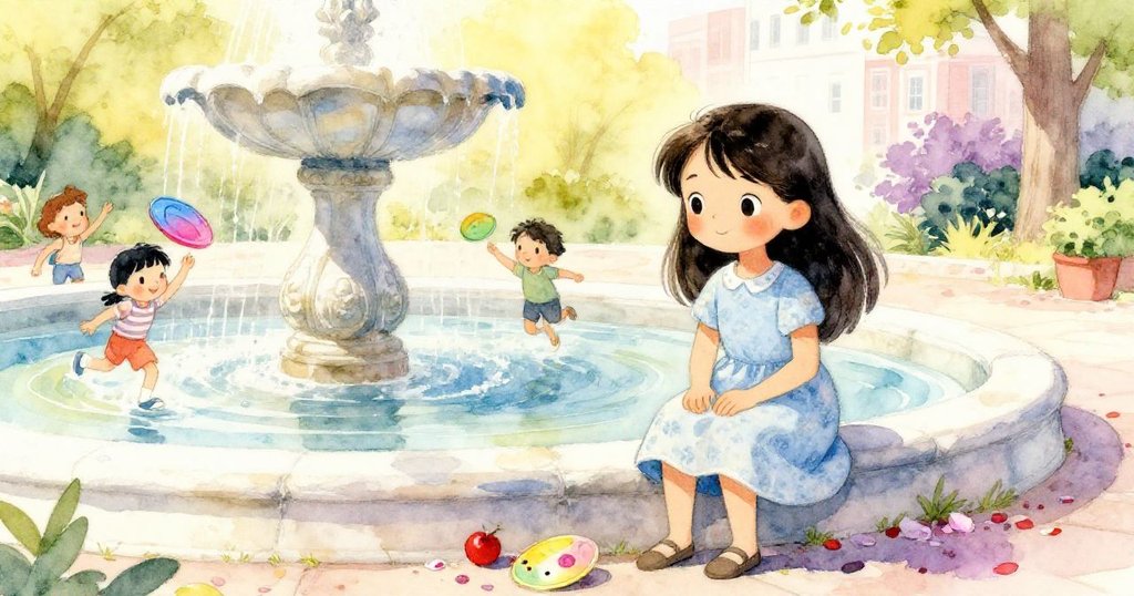 米拉坐在濕潤石面的噴泉邊,驚奇地看著飛盤激起水花,周遭孩子追逐嬉戲,充滿活力與溫暖氣息。