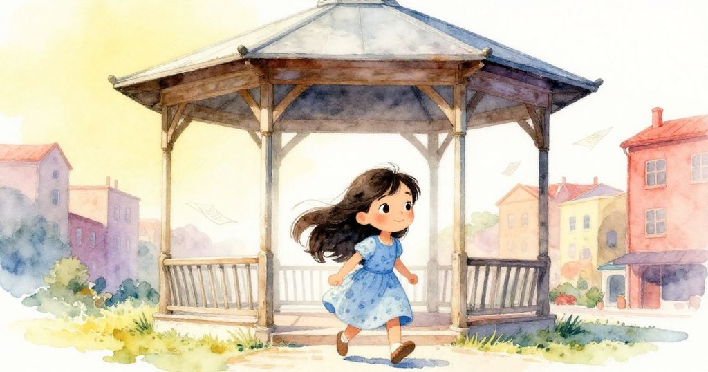 米拉走進古舊涼亭陰影中,彎腰試圖抓住隨風飄舞的紙張,神情專注且略帶焦急,展現轉折瞬間。