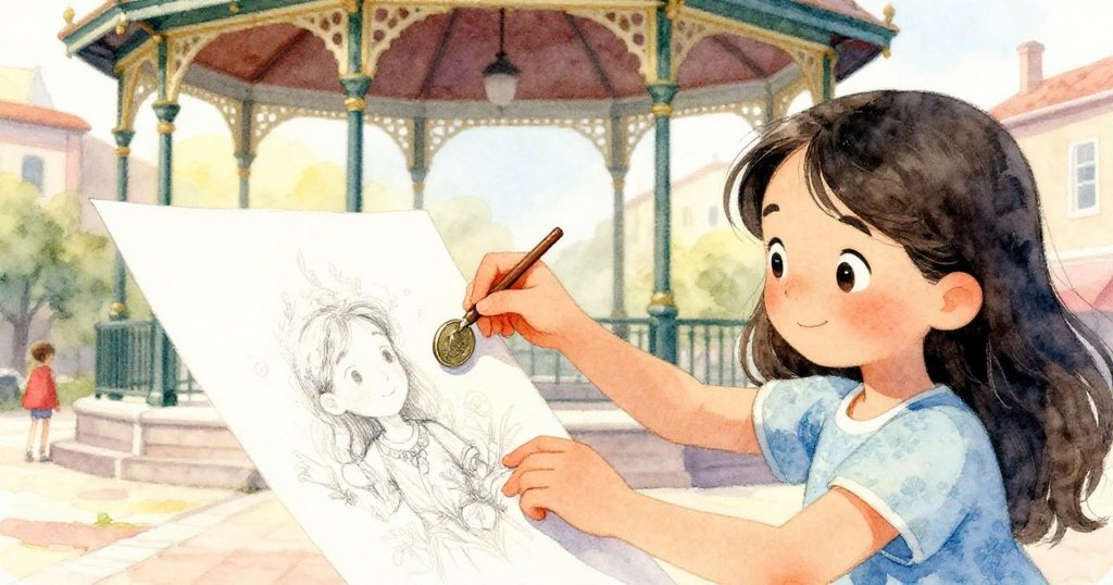 米拉用迅速動作從口袋掏出沉重硬幣,仔細壓住隨風飄散的速寫本頁面,表情冷靜專注,充滿細膩緊張感。