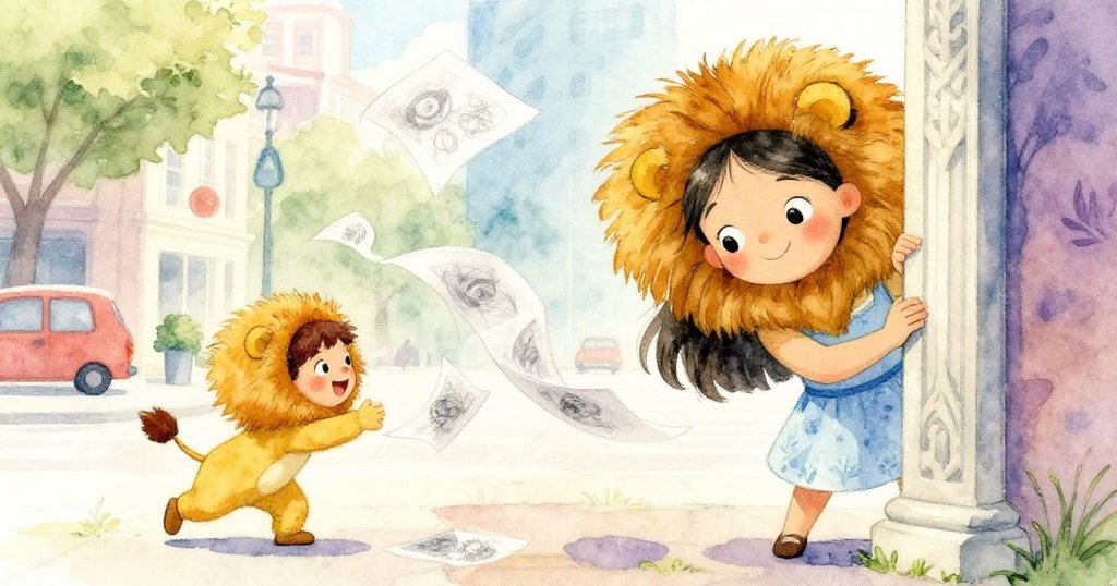 米拉驚喜地望著身穿獅子服的小孩從柱子後冒出,追逐著飛舞的紙頁,笑聲洋溢出意外與快樂的氛圍。