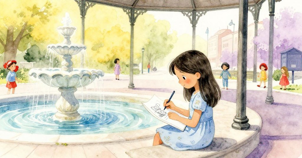 米拉在寧靜的噴泉旁重新打開速寫本,專心用鉛筆勾勒歷史痕跡,背後展現開放前路,神情堅定平靜。