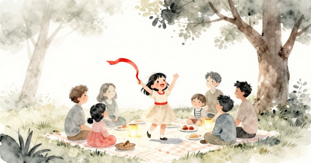 在溫暖明亮的午後，瑪雅手持鮮紅絲帶，在樹下野餐，家人溫馨陪伴，草地上散落精緻野餐物品，情景寧靜愜意。