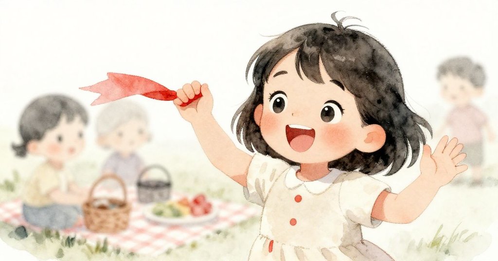 瑪雅露出充滿靈感的笑容，眼中閃爍興奮光芒，動作生動地展示她的創意，背景隱約顯示樹下野餐情景。