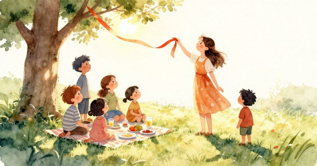 從螞蟻視角看野餐布上爬動的小螞蟻，細緻展現野餐盤、杯子與懸掛紙星，畫面生動而充滿自然韻味。