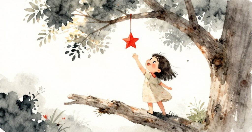 從高處俯瞰，瑪雅站在樹枝下掛紙星，枝葉輕拂，陽光透過樹梢照射，畫面展現野餐與大自然完美交融。