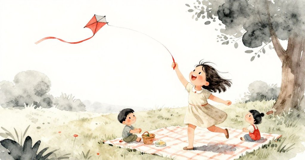 瑪雅動作靈活地將鮮紅絲帶穿過飄蕩的風箏線，風勢輕揚帶動絲帶舞動，背景中野餐場景活力十足。