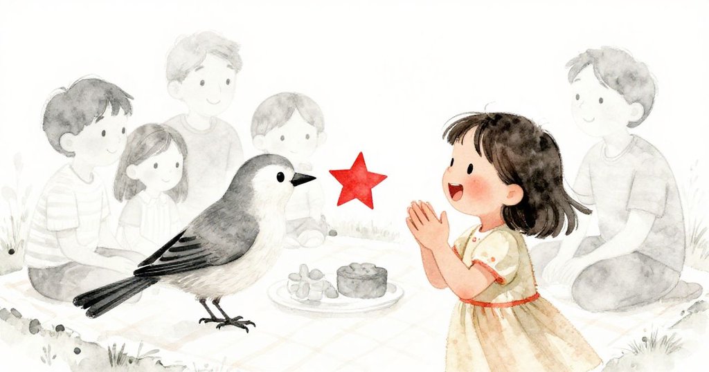 真實小鳥輕觸掛著紙星的枝頭，瑪雅驚喜拍手，家人溫馨注目，野餐場景中自然與創意完美交融，溫暖又奇妙。