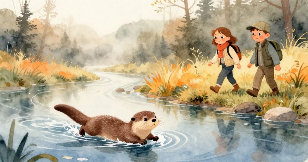 奧利小水獺在晨霧中快樂滑入河中，艾娃與本在溫暖的日光下沿河岸愉快散步，景色寧靜美好。