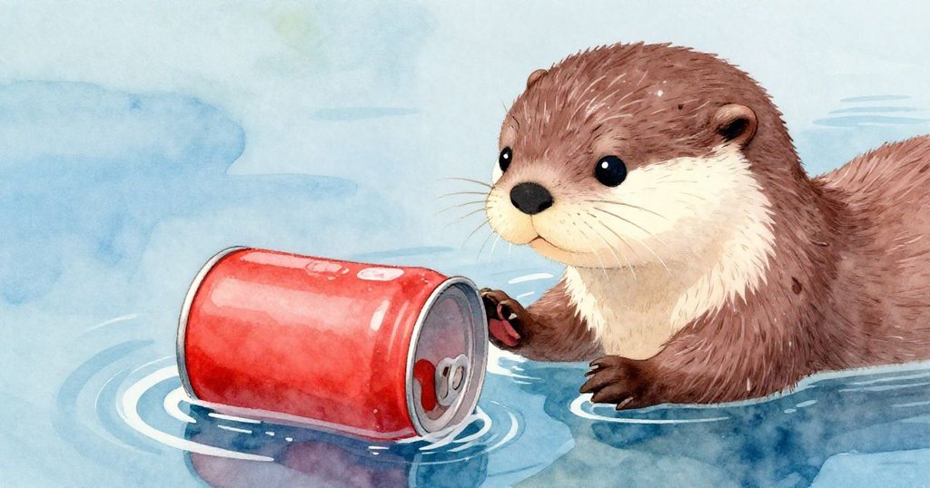 奧利小水獺輕觸漂浮的紅色金屬罐，水面泛起細微波紋，展現探索中溫柔而好奇的神情。