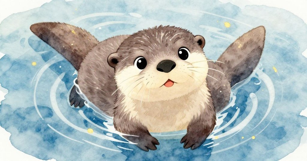 奧利小水獺自信滑行，環繞著閃亮波紋，他的眼中充滿好奇與喜悅，水面反射暖金光芒。