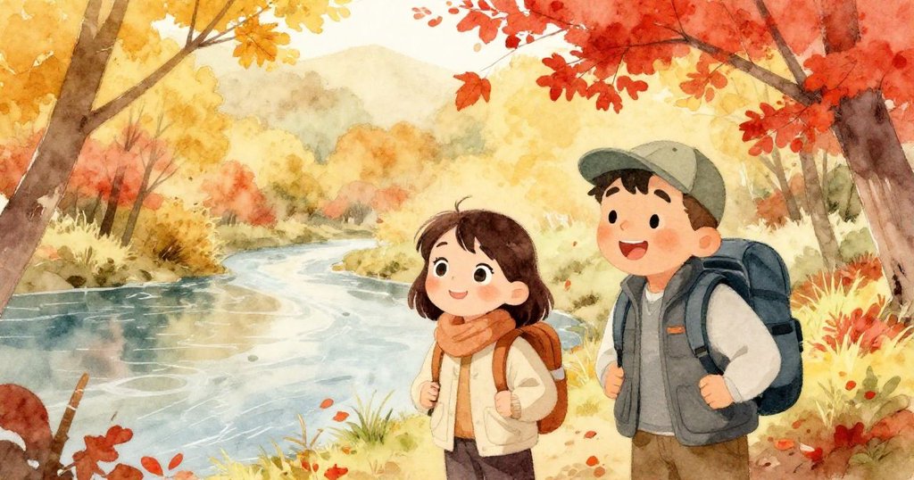 艾娃與本在秋色中漫步河岸，金黃紅葉飛舞，蘆葦隨風搖曳，感受大自然溫柔變換。