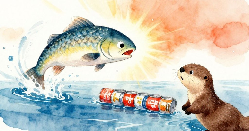 大魚躍出水面猛烈揮尾撞擊罐子，奧利小水獺驚訝凝視，水花四濺展現關鍵轉捩點。