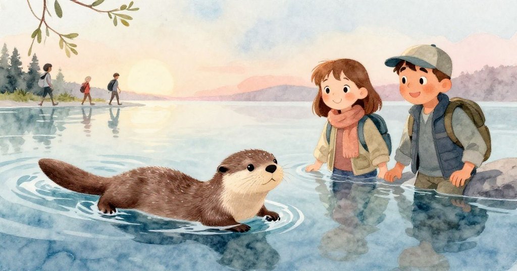 奧利小水獺自在滑行於清澈水道，艾娃與本遠觀欣賞，靜謐樹枝與柔光營造結局溫馨畫面。