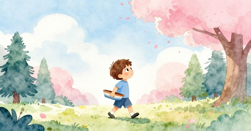 班恩走進公園，手持玩具船，背景有柔和陽光和漂浮雲朵，呈現出開心與期待的情景。