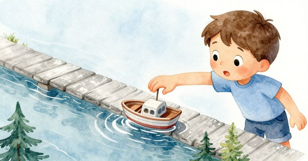班恩小心翼翼地將玩具船放在小橋上，手部動作細膩，水面波光粼粼，洋溢著溫柔與期待。
