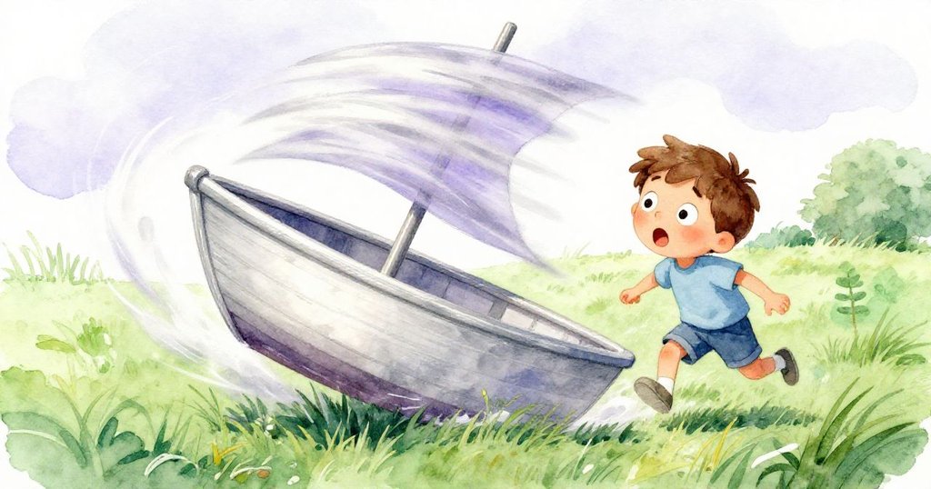 班恩驚訝地看著玩具船被風猛然翻起，船隻在綠草上翻轉，視角傾斜展現出強烈動感與活力。