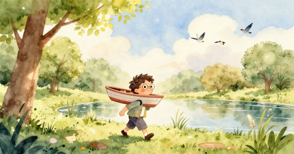 玩具船滑過光滑石頭進入水中，一隻小青蛙躍上船隻，光影透過水面營造出奇妙而寧靜的景象。