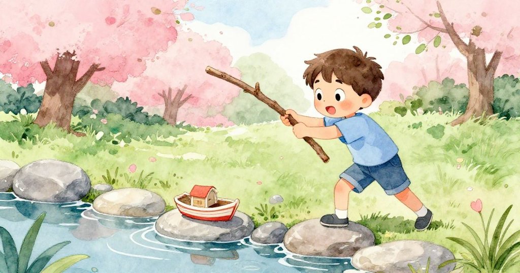 班恩拿起長棍活力推動玩具船滑過石頭，面帶專注神情，動作充滿活力，周圍自然風景生動美麗。